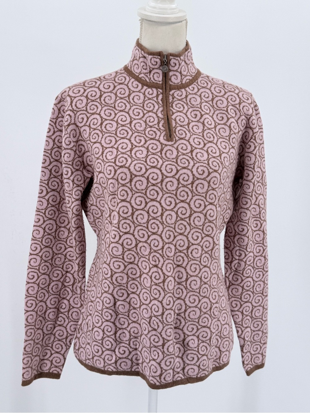 Neve Designs Women L 100% Wool Quarter Zip Sweater Pink Brown Scroll Apres Ski